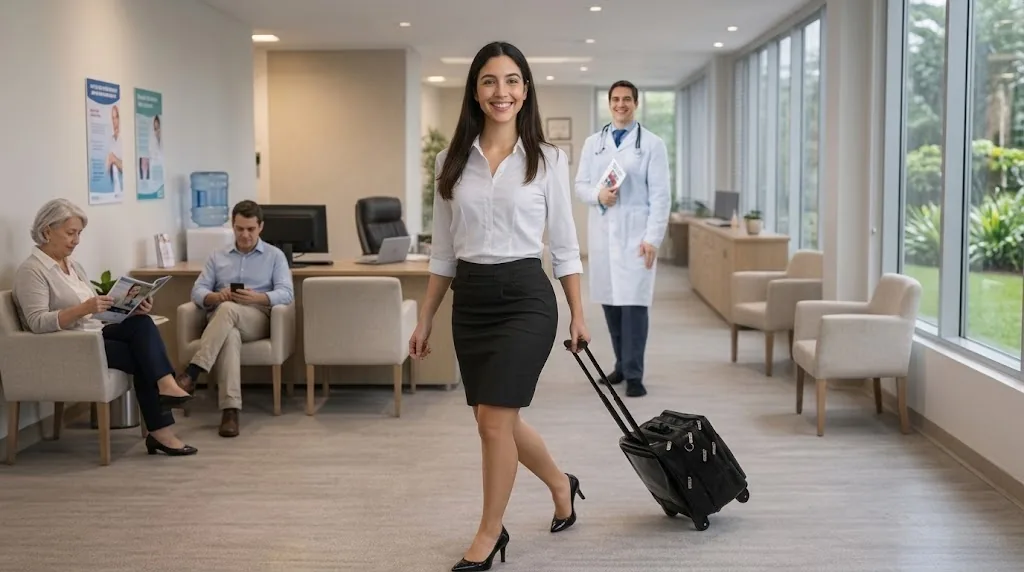 Representante farmacêutica chegando ao consultório