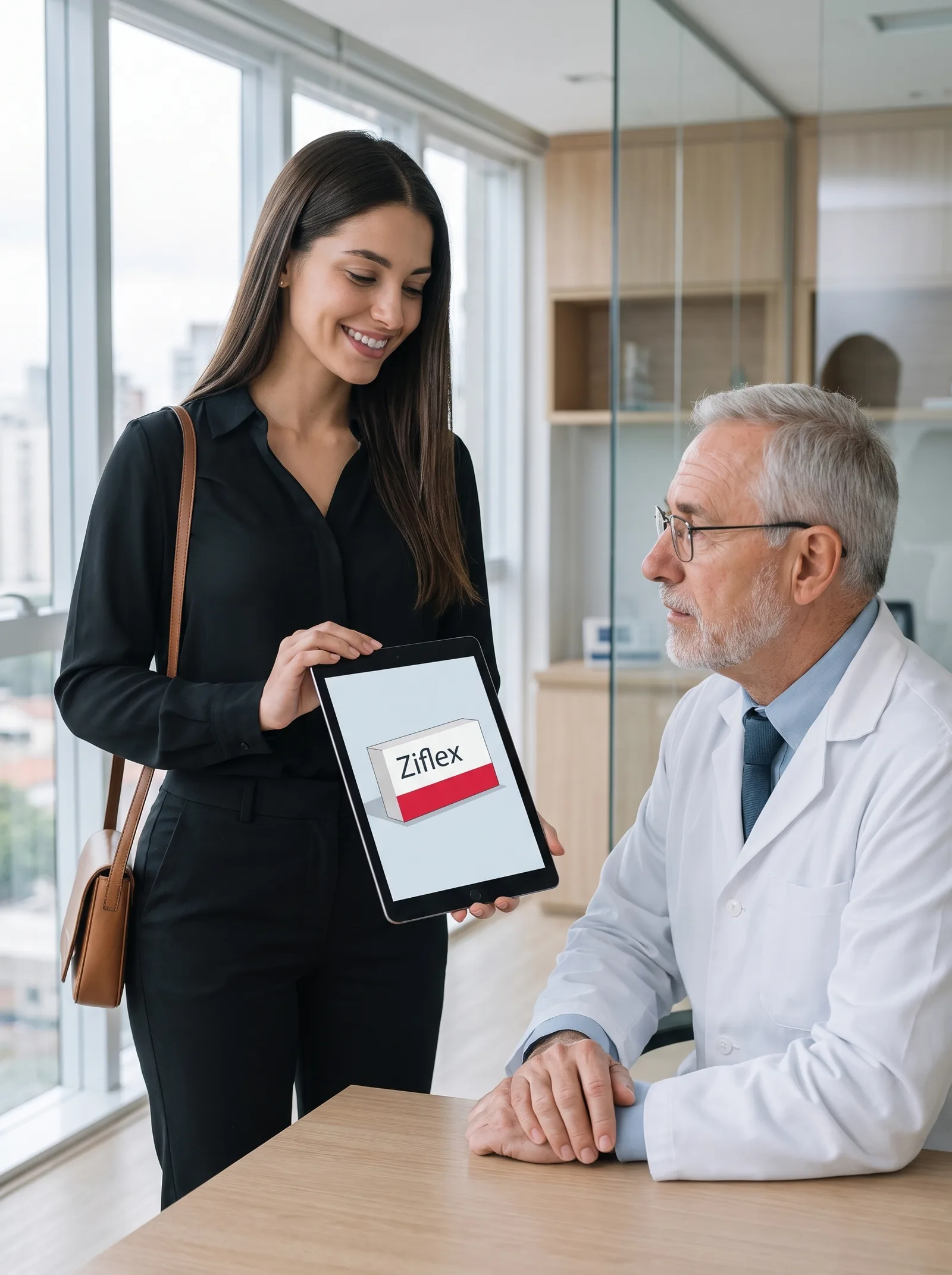 Propagandista apresentando o Ziflex no tablet a um médico no consultório